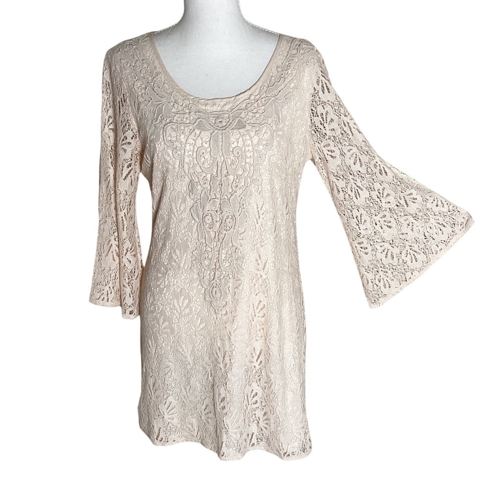Flying Tomato Lace Tunic Top Womens Large Cream Boho Bell Sleeve Romantic Chic